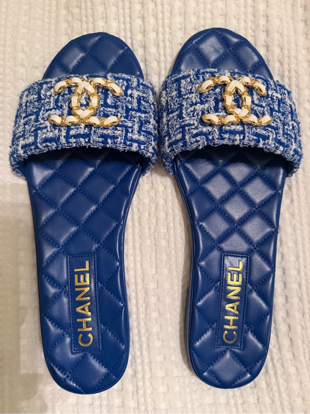 CHANEL Royal Blue Quilted Tweed Slide Sandals with Gold CC Accent - Picture 2 of 4